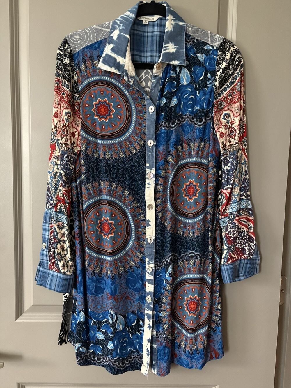 John Mark Women Size S Patchwork Tunic Shirt Blue Black Boho Medallion Top